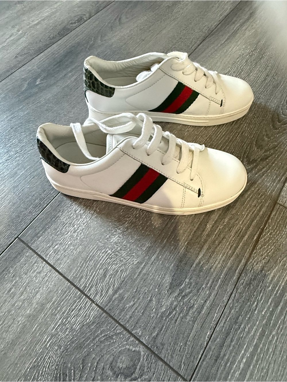 White Kids' Athletic Sneakers with Green & Red Stripe